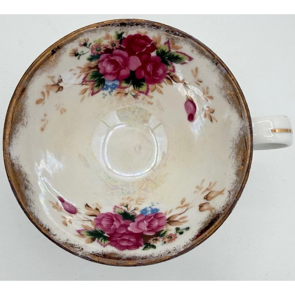 Tea Cup Pink Roses Floral Iridescent Pearlized Glaze Replacement Vintage